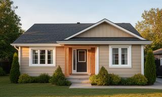 After exterior repair view of a refreshed bungalow facade and roofline in Loyalist