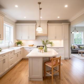 After renovation view of a light cabinet kitchen with new counters in Loyalist