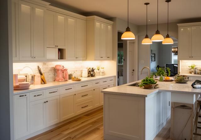 Completed kitchen renovation in Loyalist with warm pendant lighting, pale cabinetry, stone counters, and oak flooring